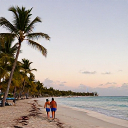 Caribbean Holidays, Dominican Republic June, A couple walking along a quiet Dominican Republic beach at sunset in June, with warm light, palm trees and calm Caribbean waves