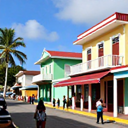 Caribbean Holidays, Dominican Republic June, A lively Dominican Republic coastal town with colourful buildings, palm-lined streets and visitors exploring local shops in warm June weather