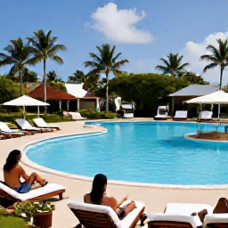 Caribbean Holidays, Dominican Republic June, Guests relaxing beside a large Dominican Republic resort pool in June, with sun loungers, palm trees and tropical gardens