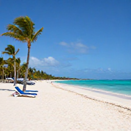 Caribbean Holidays, Dominican Republic May, A bright tropical beach in Punta Cana, Dominican Republic, with white sand, turquoise sea, palm trees and a few sun loungers