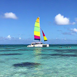 Caribbean Holidays, Dominican Republic May, A colourful catamaran sailing along the coast of the Dominican Republic with snorkellers swimming near a coral reef and a sunny blue sky