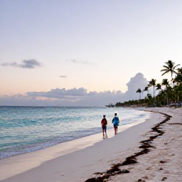 Caribbean Holidays, Dominican Republic May, A couple walking along a quiet white-sand Dominican Republic beach at sunset, with calm turquoise water and palm silhouettes