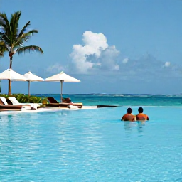 Caribbean Holidays, Dominican Republic May, Adults relaxing beside an infinity pool at a modern adults-only resort in Punta Cana, Dominican Republic