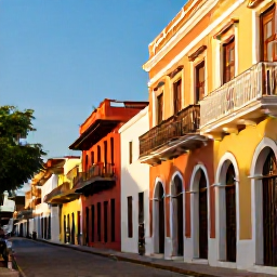 Caribbean Holidays, Dominican Republic May, Colourful colonial street in Santo Domingo with historic buildings, balconies and pedestrians in warm afternoon light