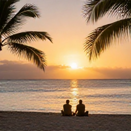 Caribbean Holidays, Dominican Republic May, Couple enjoying a quiet sunset on a Dominican Republic beach in May, with golden light, palm silhouettes and calm Caribbean water