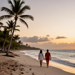 Caribbean Holidays, Dominican Republic May, Couple walking along a quiet tropical beach near an adults-only resort in the Dominican Republic at sunset