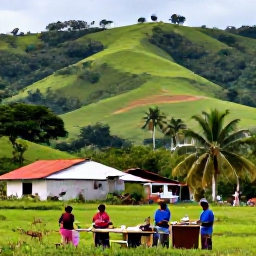 Caribbean Holidays, Dominican Republic May, Dominican countryside in May with lush green hills, a small rural village, palm trees and locals preparing traditional food