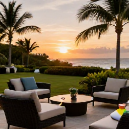 Caribbean Holidays, Dominican Republic May, Elegant adults-only resort terrace at sunset with cocktails, comfortable seating and tropical gardens in the Dominican Republic