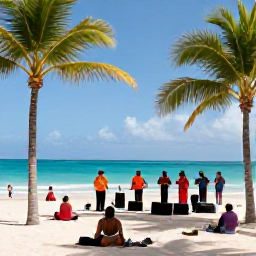 Caribbean Holidays, Dominican Republic May, Palm-fringed Dominican beach in May with turquoise sea, relaxed visitors and a colourful local music performance nearby