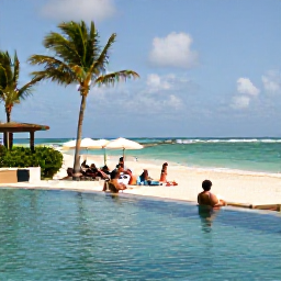 Caribbean Holidays, Dominican Republic May, Travellers relaxing beside a calm Caribbean swimming pool overlooking a sandy beach in Punta Cana during a sunny May afternoon