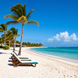 Caribbean Holidays, Dominican Republic May, White sandy beach at a Dominican Republic all-inclusive resort in May, with sun loungers, palm trees and clear blue water