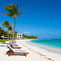 Caribbean Holidays, Dominican Republic May, White sandy beach with turquoise water, palm trees and sun loungers at an adults-only resort in the Dominican Republic