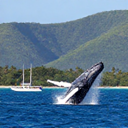 Caribbean Holidays, Dominican Republic Nature, A humpback whale breaching near the coast of Saman&aacute; Bay in February, with a traditional boat and green hills in the background