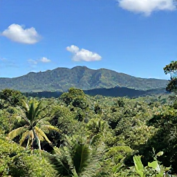 Caribbean Holidays, Dominican Republic Nature, A sunny February landscape in the Dominican Republic with a lush tropical forest, distant mountains and a clear blue sky