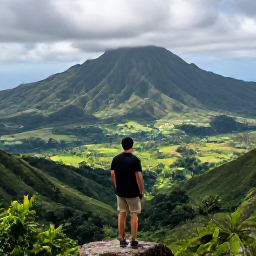 Caribbean Holidays, Dominican Republic Nature, A traveller enjoying a scenic mountain viewpoint in the Dominican Republic, surrounded by green valleys and tropical countryside
