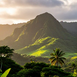 Caribbean Holidays, Dominican Republic Nature, Lush Dominican Republic tropical landscape in June, with green mountains, palm trees and warm sunlight