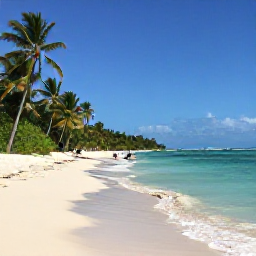Caribbean Holidays, Dominican Republic Nature, Quiet white-sand beach with clear Caribbean water, coconut palms and a traveller snorkelling in the Dominican Republic