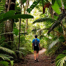 Caribbean Holidays, Dominican Republic Nature, Traveller walking through a lush rainforest trail in the Dominican Republic, surrounded by tropical plants and filtered sunlight