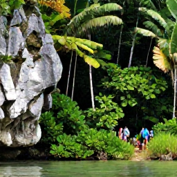 Caribbean Holidays, Dominican Republic Nature, Visitors walking through a lush tropical rainforest in Los Haitises National Park, with limestone cliffs, mangroves and calm water