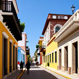 Caribbean Holidays, Dominican Republic November, Colourful colonial street in Santo Domingo with historic Spanish architecture and people enjoying a sunny day