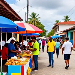 Caribbean Holidays, Dominican Republic November, Colourful Dominican Republic market street with local food, music and friendly people, set against a tropical Caribbean backdrop