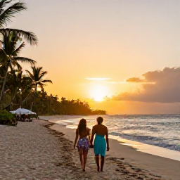 Caribbean Holidays, Dominican Republic November, Couple walking along a quiet Caribbean beach at sunset in the Dominican Republic after an adults-only November holiday