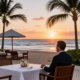 Caribbean Holidays, Dominican Republic November, Elegant Dominican Republic resort at sunset with a business class traveller enjoying a peaceful beachfront terrace