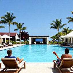 Caribbean Holidays, Dominican Republic November, Guests relaxing beside a large resort swimming pool in the Dominican Republic, with loungers, tropical planting and clear blue skies