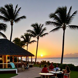 Caribbean Holidays, Dominican Republic November, Peaceful Dominican Republic resort at sunset in November, with palm trees, warm light and guests dining outdoors near the beach