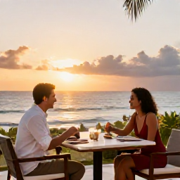 Caribbean Holidays, Dominican Republic November, Stylish adults-only resort restaurant in the Dominican Republic with couples dining outdoors at sunset