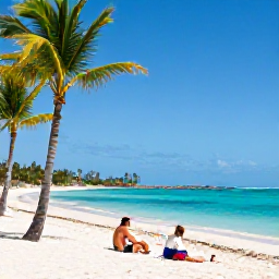 Caribbean Holidays, Dominican Republic November, White sandy beach with palm trees, calm turquoise water and couples enjoying a peaceful adults-only resort in Punta Cana