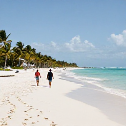 Caribbean Holidays, Dominican Republic November, Wide white-sand beach at Punta Cana in November, with calm turquoise water, palm trees and a couple walking along the shoreline