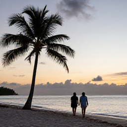 Caribbean Holidays, Dominican Republic October, A couple walking along a Dominican Republic beach at sunset in October, with palm silhouettes and a calm sea