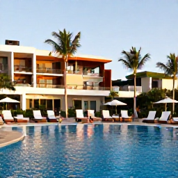 Caribbean Holidays, Dominican Republic October, A modern all-inclusive resort pool in Punta Cana with sun loungers, palm trees and guests enjoying an October afternoon