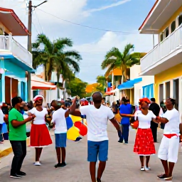 Caribbean Holidays, Dominican Republic October, Colourful cultural festival in the Dominican Republic, with musicians, dancers and local families celebrating in a lively town street