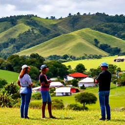 Caribbean Holidays, Dominican Republic October, Dominican Republic countryside in October, with green hills, a small village, tropical trees and a local guide showing visitors traditional life