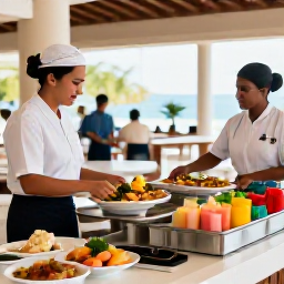 Caribbean Holidays, Dominican Republic October, Friendly Dominican Republic resort staff serving fresh tropical food beside a colourful buffet in a bright all-inclusive restaurant