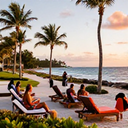 Caribbean Holidays, Dominican Republic October, Relaxed Dominican Republic beach resort in October, with sun loungers, tropical gardens and guests enjoying a warm Caribbean afternoon