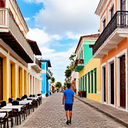 Caribbean Holidays, Dominican Republic Solo, Colourful Santo Domingo street with colonial buildings, caf&eacute;s and a solo traveller exploring the historic Zona Colonial