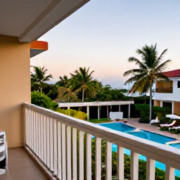 Caribbean Holidays, Dominican Republic Solo, Comfortable Dominican Republic hotel balcony overlooking a tropical garden and swimming pool, soft October evening light
