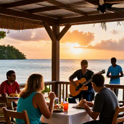 Caribbean Holidays, Dominican Republic Solo, Friendly Dominican restaurant terrace at sunset with a solo diner enjoying traditional Caribbean food and live music