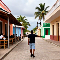 Caribbean Holidays, Dominican Republic Solo, Friendly solo traveller exploring a colourful Dominican Republic town street with local caf&eacute;s, music and tropical buildings