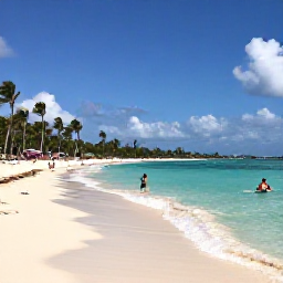 Caribbean Holidays, Dominican Republic Solo Holidays, Crystal-clear Caribbean water, palm-fringed white sand beach and solo visitor swimming near Punta Cana in warm April sunshine