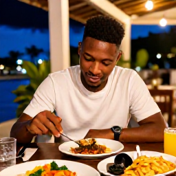 Caribbean Holidays, Dominican Republic Solo Holidays, Friendly solo traveller enjoying a meal at an open-air Dominican restaurant in the evening, with local dishes and warm lighting