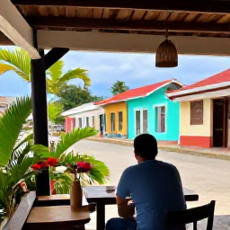 Caribbean Holidays, Dominican Republic Solo Holidays, Friendly solo traveller exploring a colourful Dominican Republic town, local caf&eacute;, tropical plants and welcoming street scene