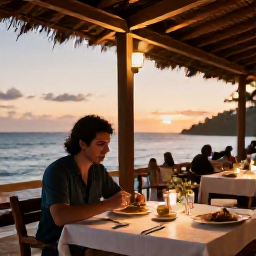 Caribbean Holidays, Dominican Republic Solo Holidays, Solo traveller dining at a relaxed Dominican Republic seaside restaurant at sunset, local dishes, soft lights and ocean views