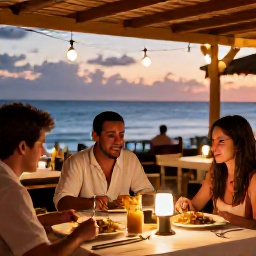 Caribbean Holidays, Dominican Republic Solo Holidays, Solo traveller enjoying dinner at a relaxed Dominican Republic beachfront restaurant at sunset, local food, warm lights and ocean view