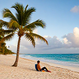 Caribbean Holidays, Dominican Republic Solo Holidays, Solo traveller relaxing on a bright Caribbean beach in the Dominican Republic in March, palm trees, turquoise sea and soft morning light