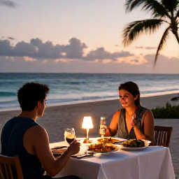 Caribbean Holidays, Dominican Republic Solo, Solo traveller enjoying a relaxed beachfront dinner in the Dominican Republic at sunset, warm lights and local Caribbean food
