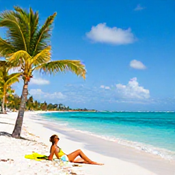 Caribbean Holidays, Dominican Republic Solo, Solo traveller relaxing on a bright white Caribbean beach in the Dominican Republic in February, turquoise sea and palm trees